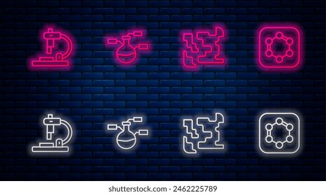 Set line Test tube and flask, Gaseous, Microscope and Formula of benzene rings. Glowing neon icon on brick wall. Vector