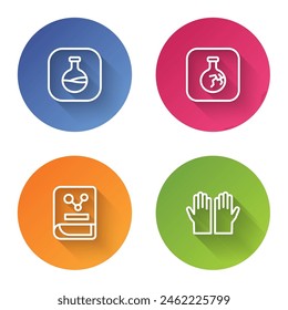 Set line Test tube and flask, Cracked, Chemistry book and Medical rubber gloves. Color circle button. Vector