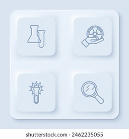 Set line Test tube and flask, Radioactive,  and Magnifying glass. White square button. Vector
