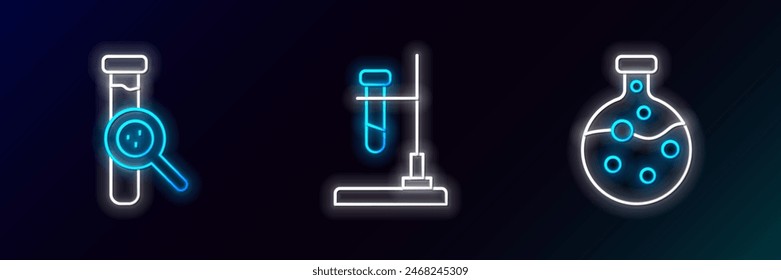 Set line Test tube and flask,  and on fire icon. Glowing neon. Vector