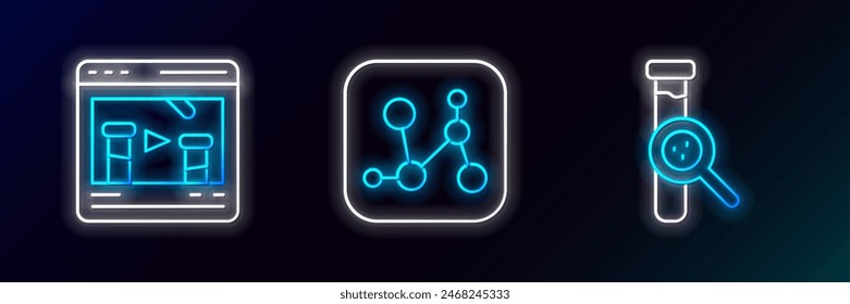 Set line Test tube and flask, Chemical online and formula icon. Glowing neon. Vector