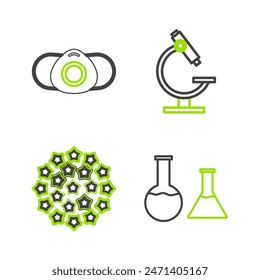 Set line Test tube and flask, Virus, Microscope and Medical protective mask icon. Vector