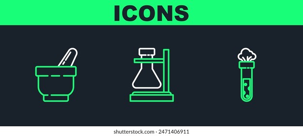 Set line Test tube and flask chemical, Mortar pestle and on stand icon. Vector