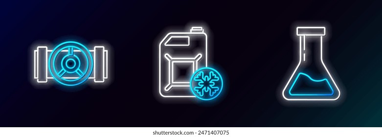 Set line Test tube and flask, Industry metallic pipes valve and Antifreeze canister icon. Glowing neon. Vector