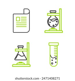 Set line Test tube and flask chemical labor, Glass test on fire, and Document icon. Vektorgrafik