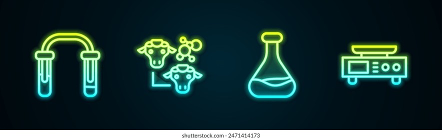 Set line Test tube and flask, Cloning,  and Electronic scales. Glowing neon icon. Vector