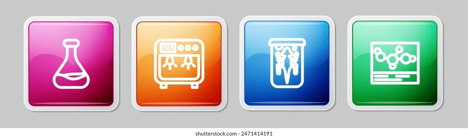 Set line Test tube and flask, Biosafety box, Experimental animal and Chemical formula. Colorful square button. Vector