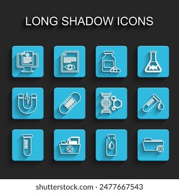 Set line Test tube or flask, Health record folder, Clinical on monitor, Medical vial, ampoule, Bandage plaster, with drop of blood and Genetic engineering icon. Vector