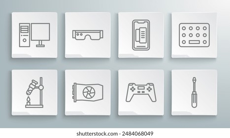 Set line Test tube flask on fire, Smart glasses, Video graphic card, Gamepad, Screwdriver, Smartphone, mobile phone, Pills in blister pack and Computer monitor icon. Vector