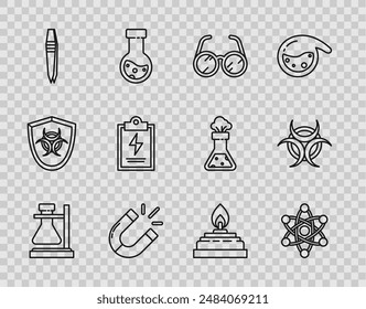 Set line Test tube flask on stand, Atom, Laboratory glasses, Magnet, Tweezers, clipboard with checklist, Alcohol spirit burner and Biohazard symbol icon. Vector