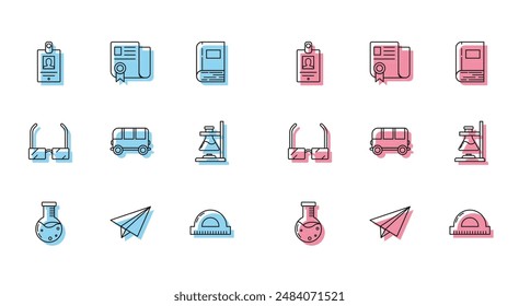 Set line Test tube and flask chemical laboratory, Identification badge, Protractor grid for measuring degrees, School Bus, Glass test fire, Glasses and Certificate template icon. Vector