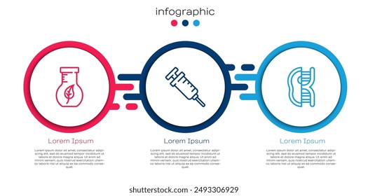 Set line Test tube and flask, Syringe and Genetically modified meat. Business infographic template. Vector