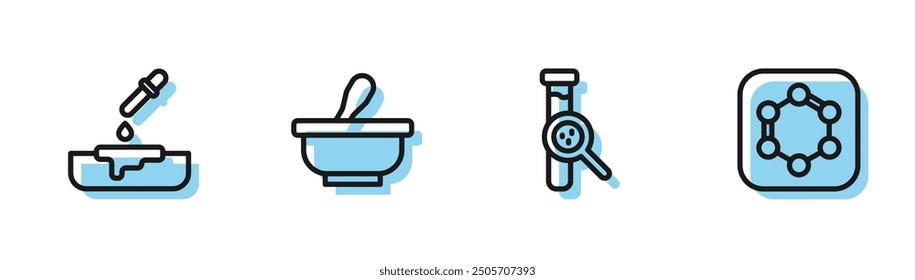 Set line Test tube and flask, Petri dish with pipette, Mortar pestle and Formula of benzene rings icon. Vector