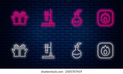 Set line Test tube flask on fire, Plant breeding, Medical rubber gloves and Fire flame. Glowing neon icon on brick wall. Vector