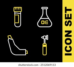 Set line Test tube and flask, Medical otoscope tool, Inhaler and with blood icon. Vector