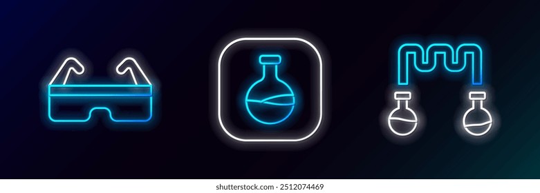 Definir linha Tubo de teste e frasco, óculos de segurança e ícone. Néon brilhante. Vetor