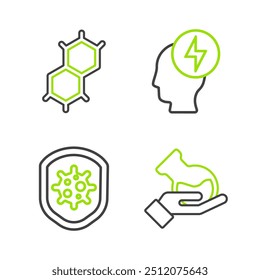 Set line Test tube and flask, Shield protecting from virus, Head electric symbol and Chemical formula icon. Vector