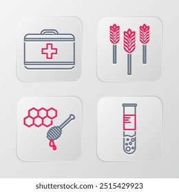 Set line Test tube and flask, Honeycomb with honey dipper, Wheat and First aid kit icon. Vector