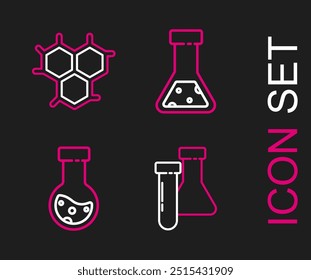 Tubo de ensayo y matraz químico, e icono de fórmula química. Vector