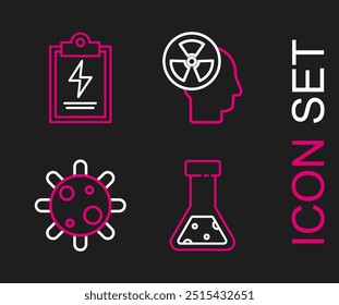 Tubo de ensayo y matraz químico, bacterias, radiación de la cabeza humana y Portapapeles de laboratorio con el ícono de la lista de verificación. Vector