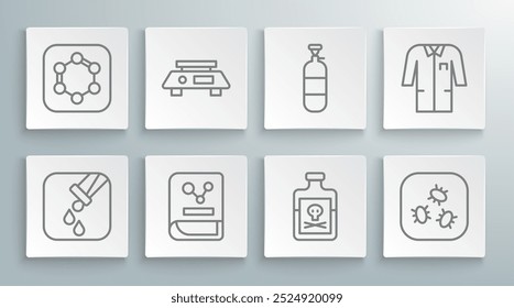 Set line Test tube and flask, Electronic scales, Chemistry book, Poison in bottle, Bacteria, Propane gas tank, Laboratory uniform and Formula of benzene rings icon. Vector