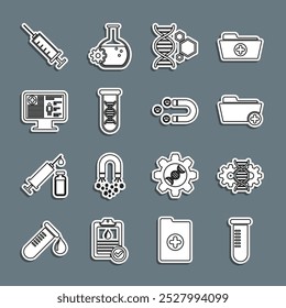 Tubo o frasco de prueba de línea, edición de genes, carpeta de registros de salud, ingeniería genética, investigación de ADN, búsqueda, clínica en el monitor, jeringa e ícono de atracción del Cliente. Vector