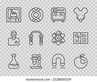 Set line Test tube and flask, Genetically modified apple, Biosafety box, on stand, 3D printing technology, Magnet and Clinical record icon. Vector