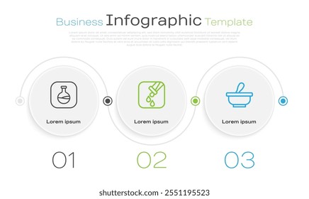 Fije la línea Tubo de ensayo y el matraz, y mortero. Plantilla de infografía de negocios. Vector