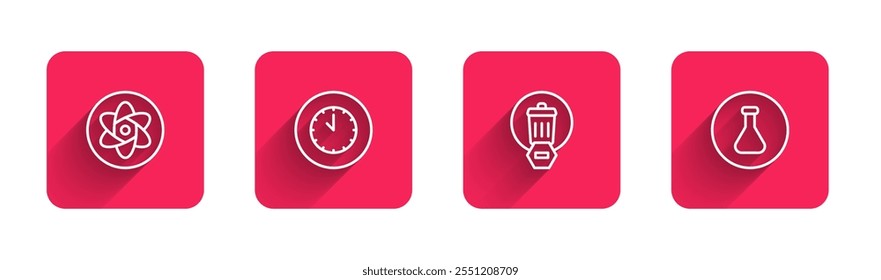 Set line Test tube and flask, Clock, Trash can and  with long shadow. Red square button. Vector