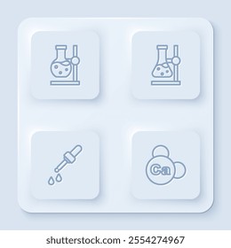 Set line Test tube flask on stand, Pipette and Mineral Ca Calcium. White square button. Vector