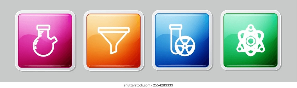 Set line Test tube and flask, Funnel or filter, radiation and Atom. Colorful square button. Vector