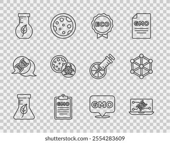 Set line Test tube and flask, Genetic engineering modification, Label for eco healthy food, GMO,  and  icon. Vector