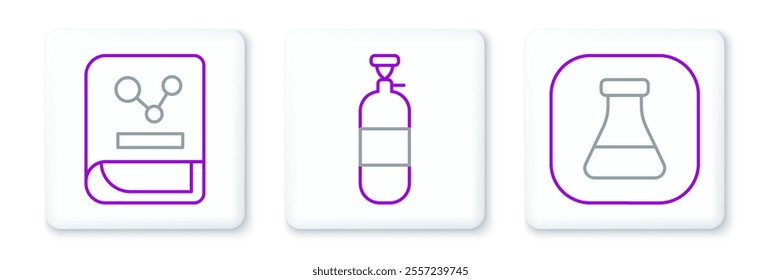 Set line Test tube and flask, Chemistry book and Propane gas tank icon. Vector