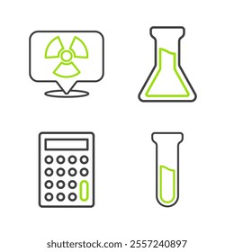 Set line Test tube and flask, Calculator,  and Radioactive in location icon. Vector