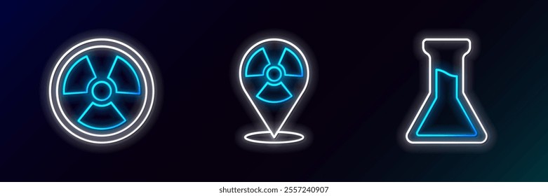 Set line Test tube and flask, Radioactive and in location icon. Glowing neon. Vector