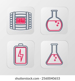 Set line Test tube and flask, Battery,  and Wooden barrel with rum icon. Vector