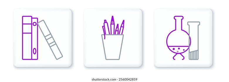 Set line Test tube and flask chemical laboratory test, Office folders with papers documents and Pencil case stationery icon. Vector