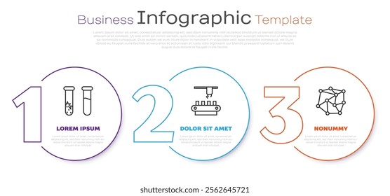 Set line Test tube and flask, Factory conveyor system belt and Neural network. Business infographic template. Vector