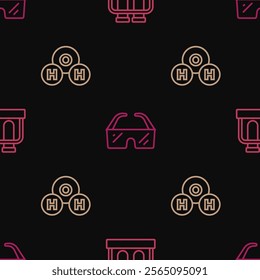 Set line Test tube and flask, Chemical formula for H2O and Safety goggle glasses on seamless pattern. Vector