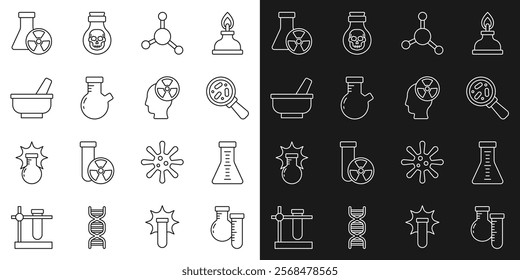 Set line Test tube and flask, Microorganisms under magnifier, Molecule, Mortar pestle, radiation and Head symbol icon. Vector