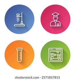 Set line Test tube flask on fire, Laboratory assistant, and and Chemical online. Color circle button. Vector