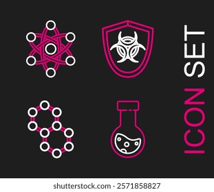 Set line Test tube and flask chemical, Molecule, Biohazard symbol on shield and Atom icon. Vector