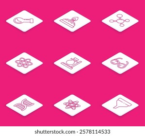 Set line Test tube and flask chemical, Alcohol or spirit burner, Molecule, Atom, on stand, Laboratory glasses, DNA symbol and  icon. Vector