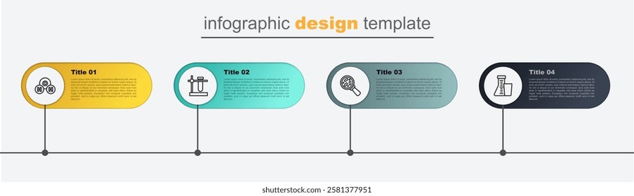 Set line Test tube and flask, Microorganisms under magnifier, on stand and Chemical formula for H2O. Business infographic template. Vector