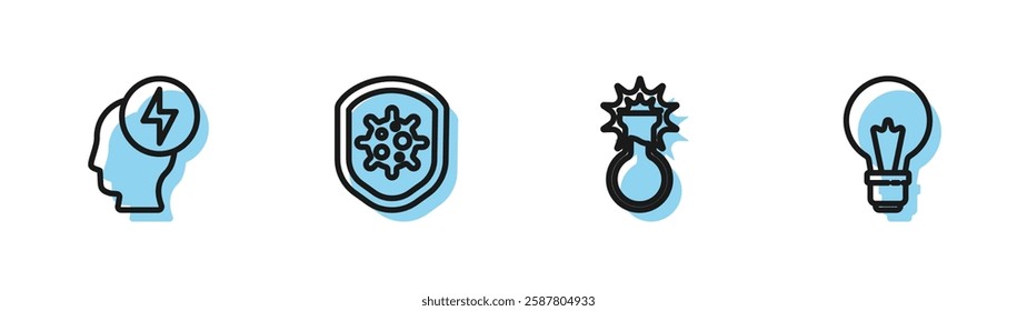 Set line Test tube and flask, Head electric symbol, Shield protecting from virus and Light bulb with concept of idea icon. Vector