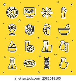 Set line Test tube and flask, Mortar pestle, Bacteria, Shield protecting from virus, Radioactive location, Petri dish with bacteria and Chemical explosion icon. Vector