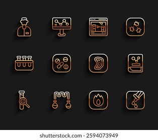 Set line Test tube and flask, Laboratory assistant, Fire flame, Medicine pill tablet, Chemistry book and Bacteria icon. Vector