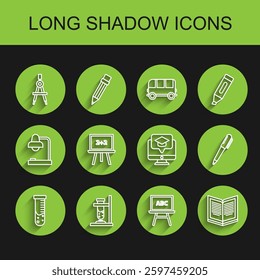 Set line Test tube and flask chemical laboratory, Glass test on fire, Drawing compass, Chalkboard, Open book, Pen and Monitor with graduation cap icon. Vector