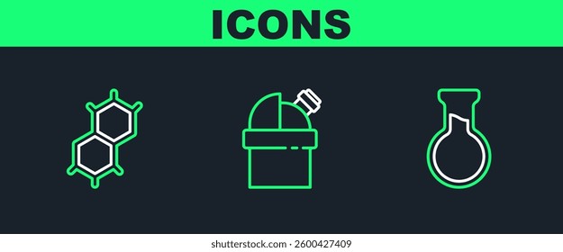 Set line Test tube and flask, Chemical formula and Astronomical observatory icon. Vector