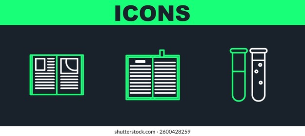 Set line Test tube and flask chemical laboratory, Open book and science icon. Vector